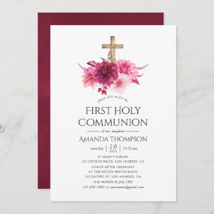 Burgundy and Blush Floral First Holy Communion Invitation