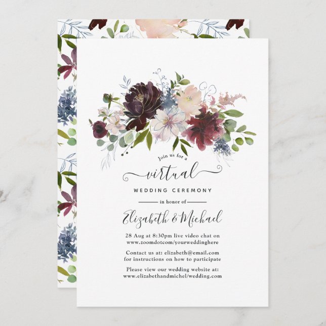 Burgundy and Blush Floral Online Virtual Wedding Invitation (Front/Back)