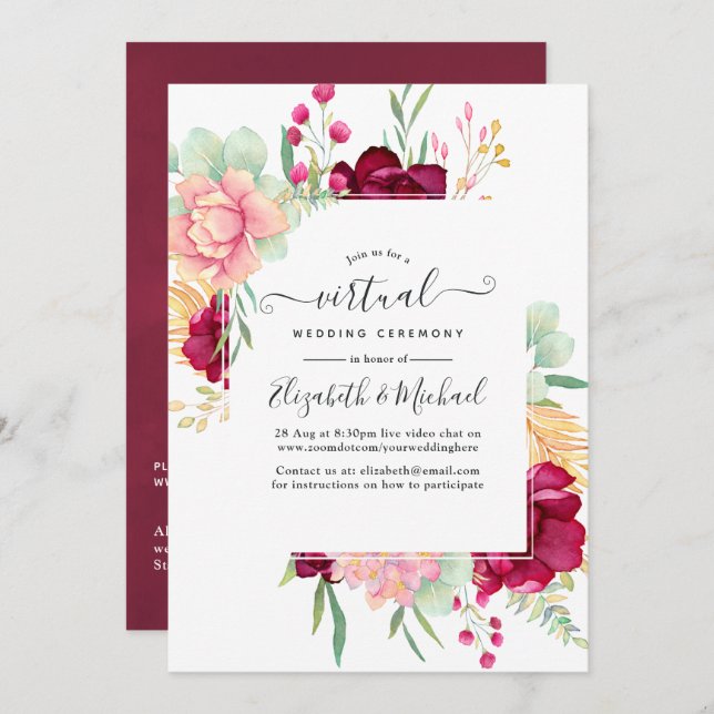 Burgundy and Blush Floral Online Virtual Wedding Invitation (Front/Back)