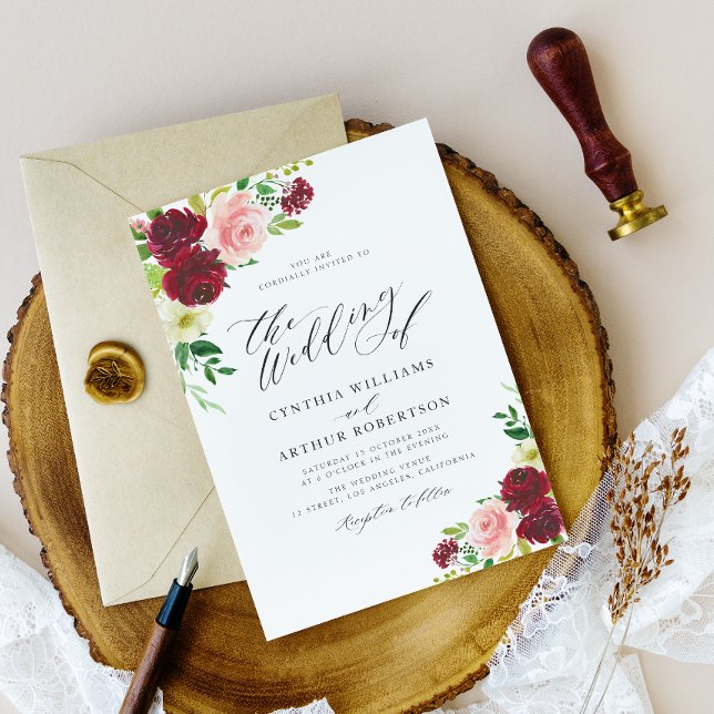 burgundy and blush floral script wedding invitation (Creator Uploaded)