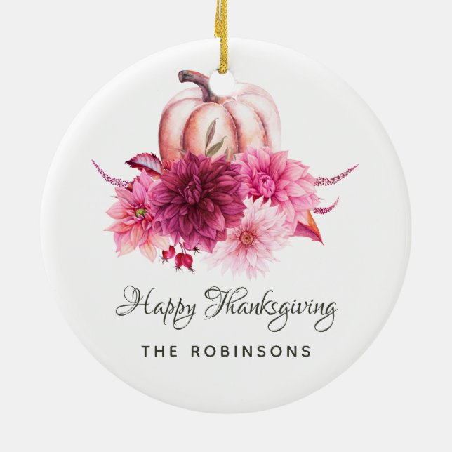 Burgundy and Blush Floral Thanksgiving Photo Ceramic Ornament (Back)