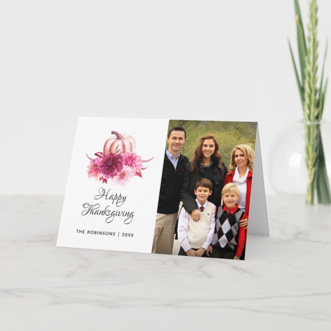 Burgundy and Blush Floral Thanksgiving Photo Holiday Card (Front)