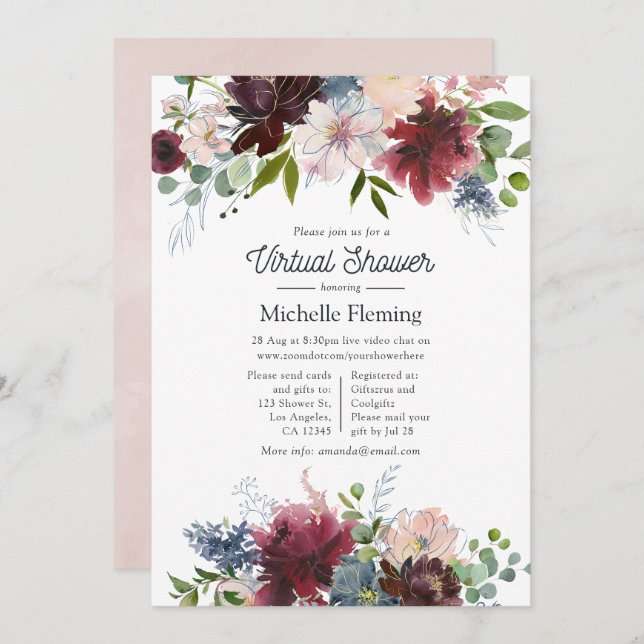 Burgundy and Blush Floral Virtual Baby Shower Invitation (Front/Back)