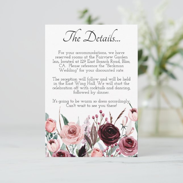 Burgundy and Blush Floral Wedding Details Card (Standing Front)