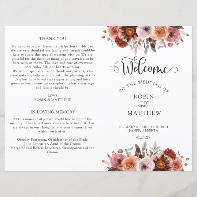 Burgundy and Blush Floral Wedding Program (Front)