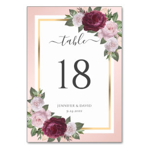 Burgundy and Blush Floral Wedding Table Number
