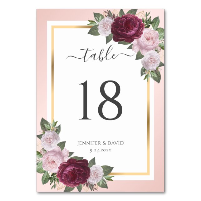 Burgundy and Blush Floral Wedding Table Number (Front)