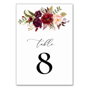 Burgundy And Blush Floral Wedding table number