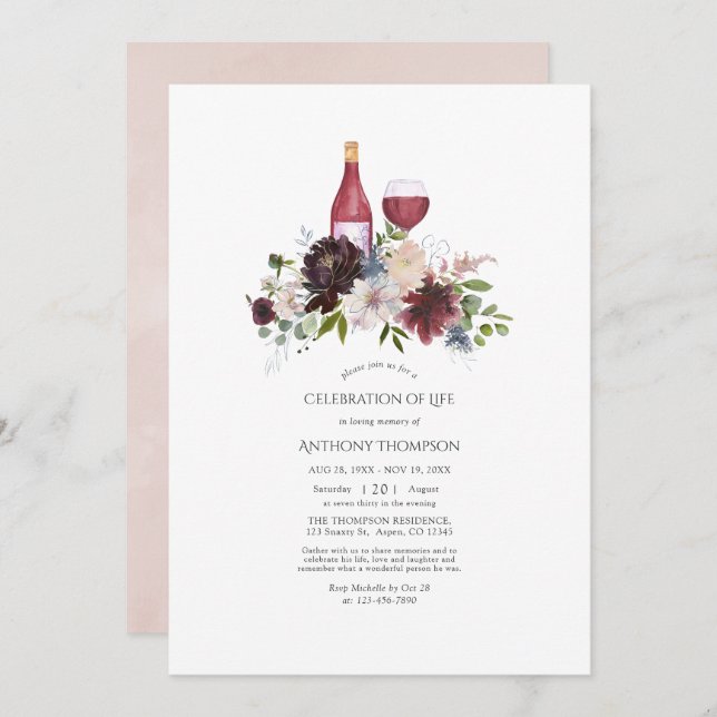 Burgundy and Blush Floral Wine Celebration of Life Invitation (Front/Back)