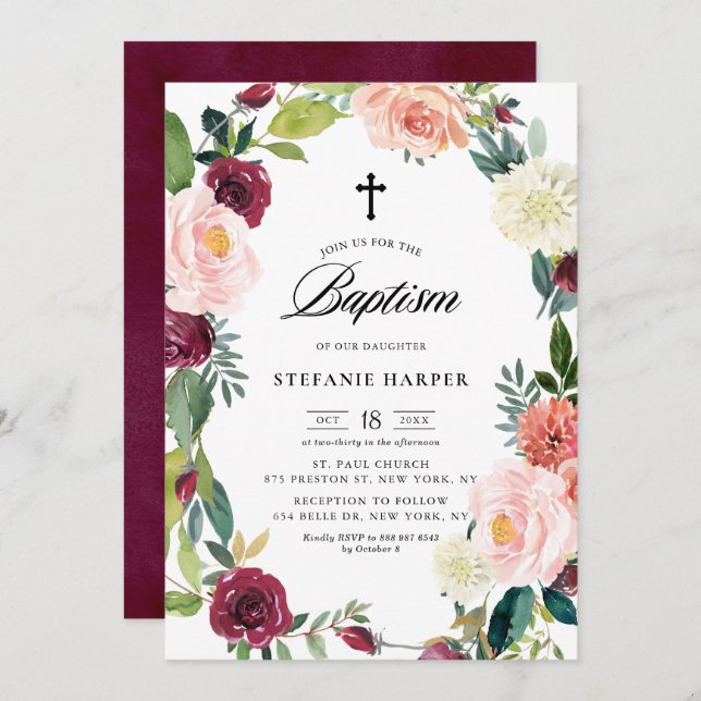 Burgundy and Blush Floral Wreath Fall Baptism Invitation (Front/Back)