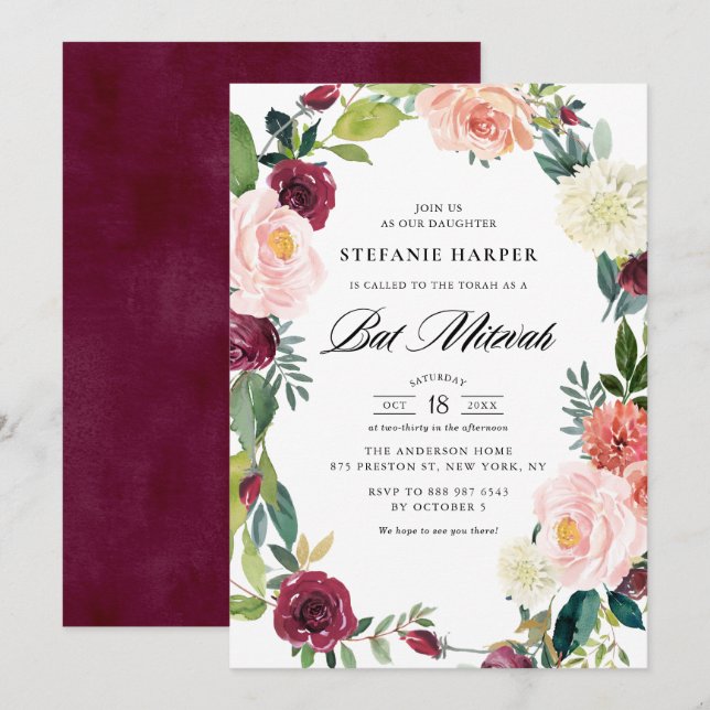 Burgundy and Blush Floral Wreath Fall Bat Mitzvah Invitation (Front/Back)