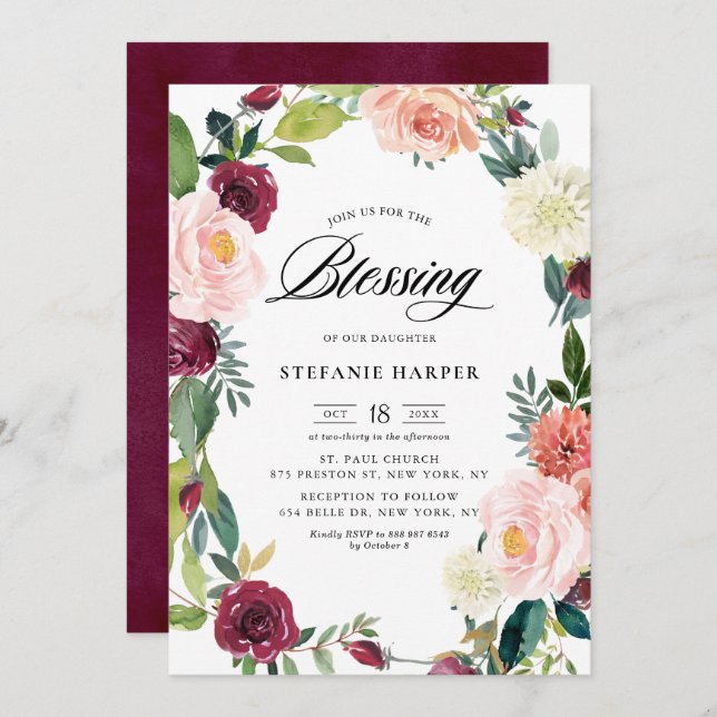 Burgundy and Blush Floral Wreath Fall Blessing Invitation (Front/Back)