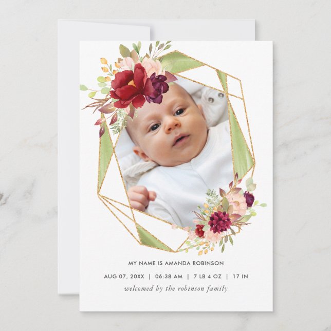 Burgundy and Blush Geometric Birth Announcement (Front)