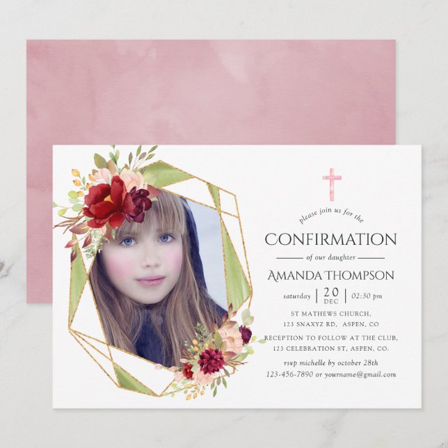 Burgundy and Blush Geometric Confirmation Invitation (Front/Back)