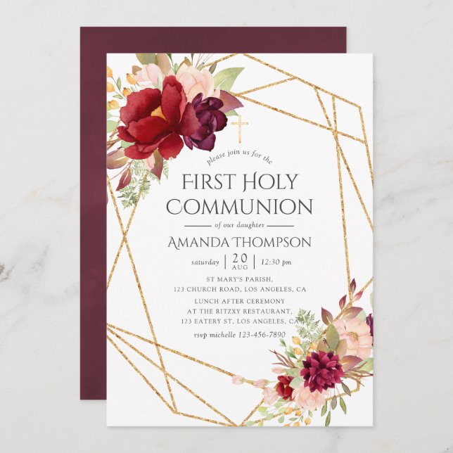 Burgundy and Blush Geometric First Holy Communion Invitation (Front/Back)