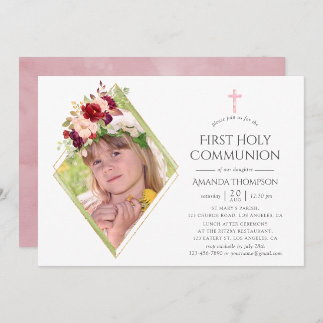 Burgundy and Blush Geometric First Holy Communion Invitation (Front/Back)