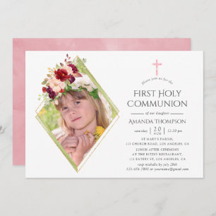 Burgundy and Blush Geometric First Holy Communion Invitation