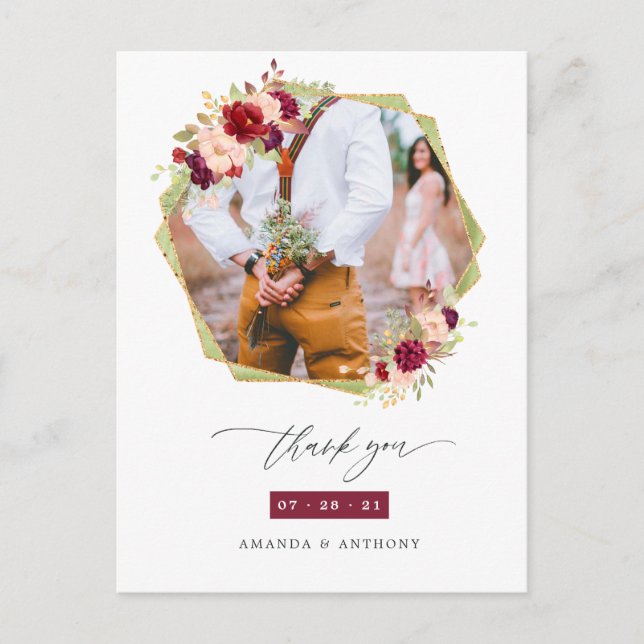 Burgundy and Blush Geometric Wedding Thank You Postcard (Front)