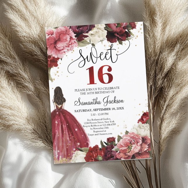 Burgundy and blush maroon flowers princess dress  invitation (Burgundy and blush maroon flowers princess dress invitation)