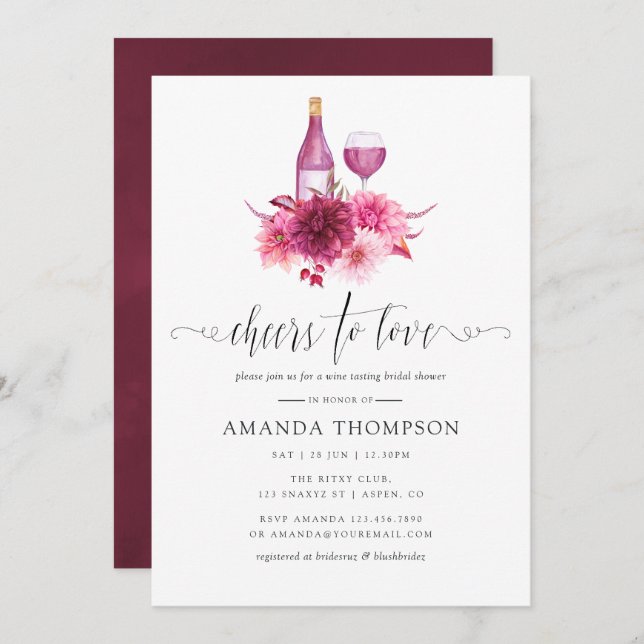 Burgundy and Blush Pink Bridal Shower Wine Tasting Invitation (Front/Back)
