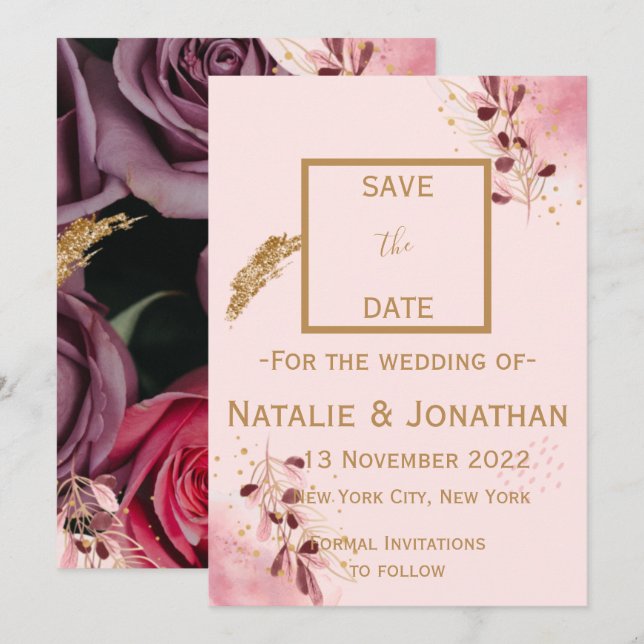 Burgundy and blush pink carpet of Roses Save The Date (Front/Back)