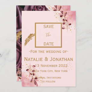 Burgundy and blush pink carpet of Roses Save The Date