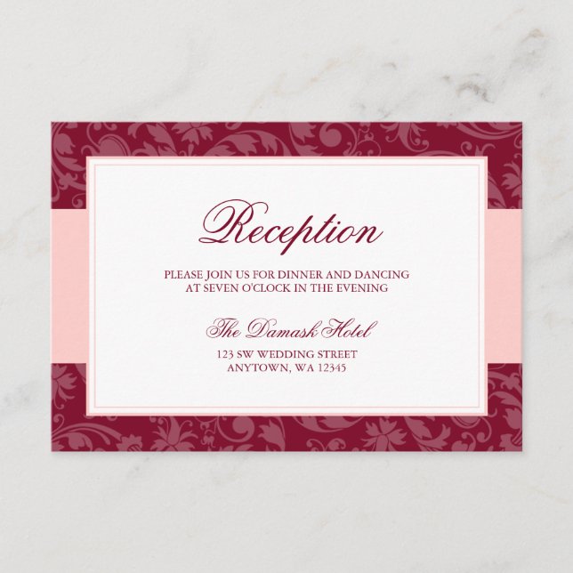 Burgundy and Blush Pink Damask Swirl Reception Enclosure Card (Front)