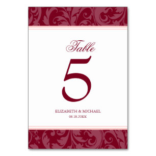 Burgundy and Blush Pink Damask Swirl Wedding Table Number