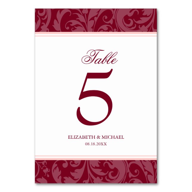Burgundy and Blush Pink Damask Swirl Wedding Table Number (Front)