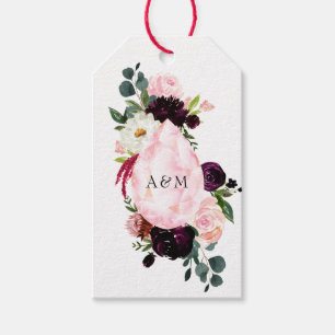 Burgundy and Blush Pink Diamond Floral Monogram Gift Tags