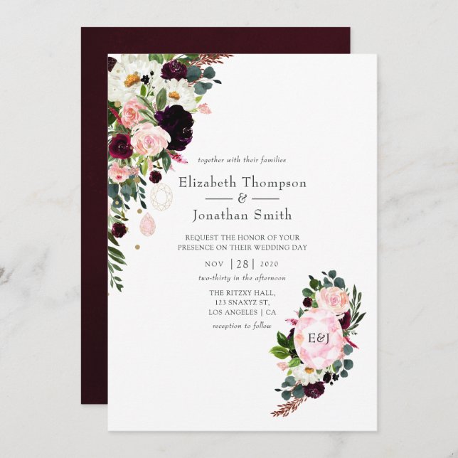 Burgundy and Blush Pink Diamond Monogram Wedding Invitation (Front/Back)