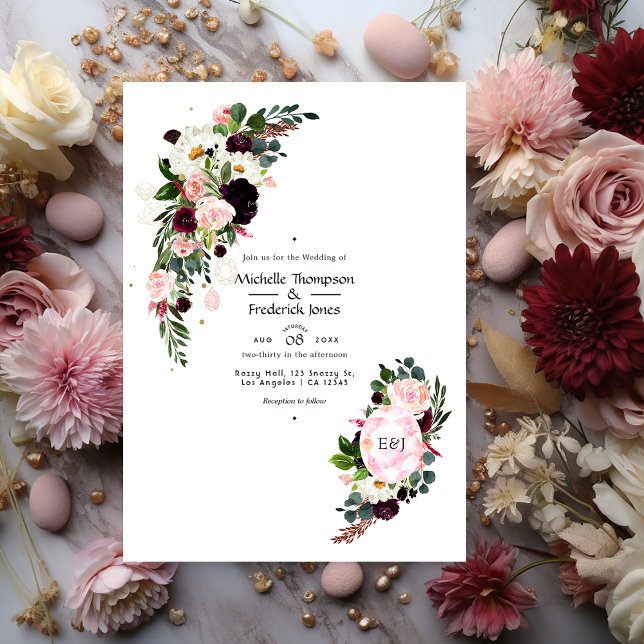 Burgundy and Blush Pink Diamond Monogram Wedding Invitation (Creator Uploaded)