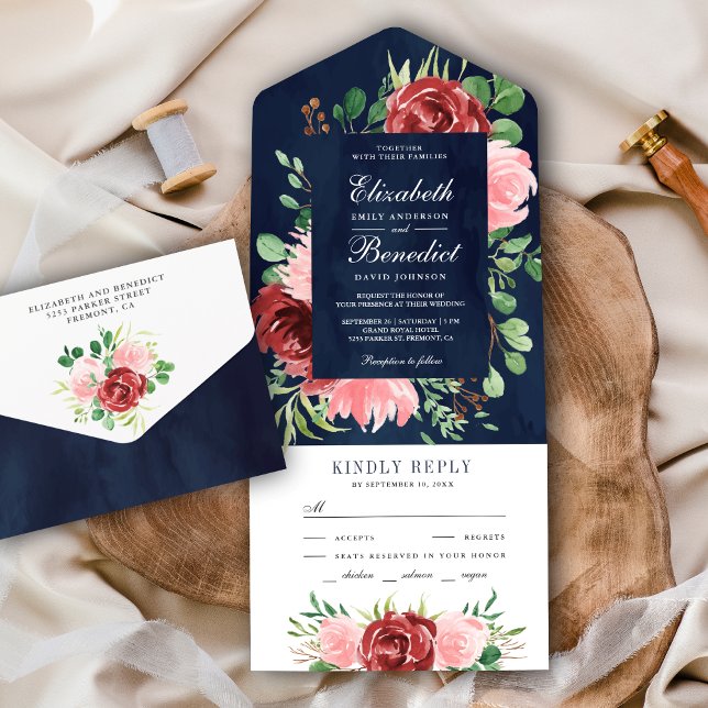 Burgundy and Blush Pink Floral Navy Blue Wedding All In One Invitation (Creator Uploaded)