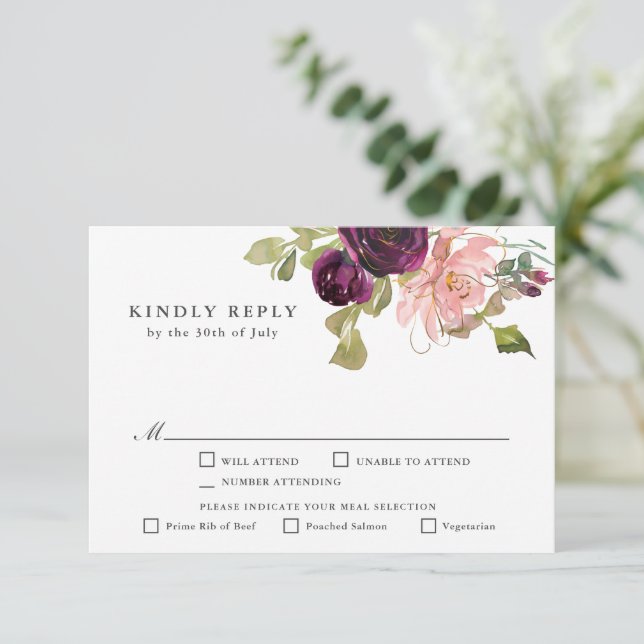 Burgundy and Blush Pink Floral RSVP with Entrees Card (Standing Front)