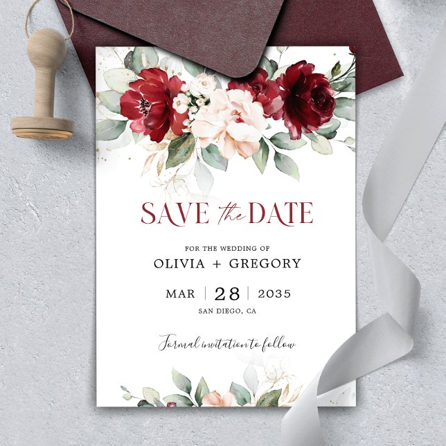 Burgundy and Blush Pink Floral Save The Date (Creator Uploaded)