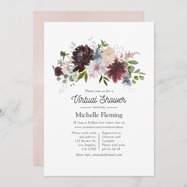Burgundy and Blush Pink Floral Virtual Baby Shower Invitation (Front/Back)