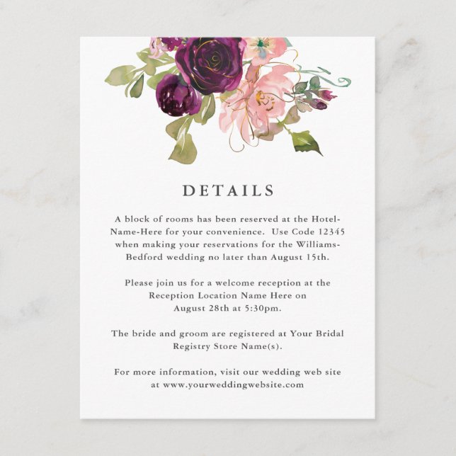 Burgundy and Blush Pink Floral Wedding Details Enclosure Card (Front)