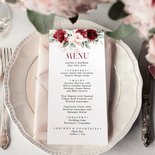 Burgundy and Blush Pink Floral Wedding Dinner Menu (Creator Uploaded)