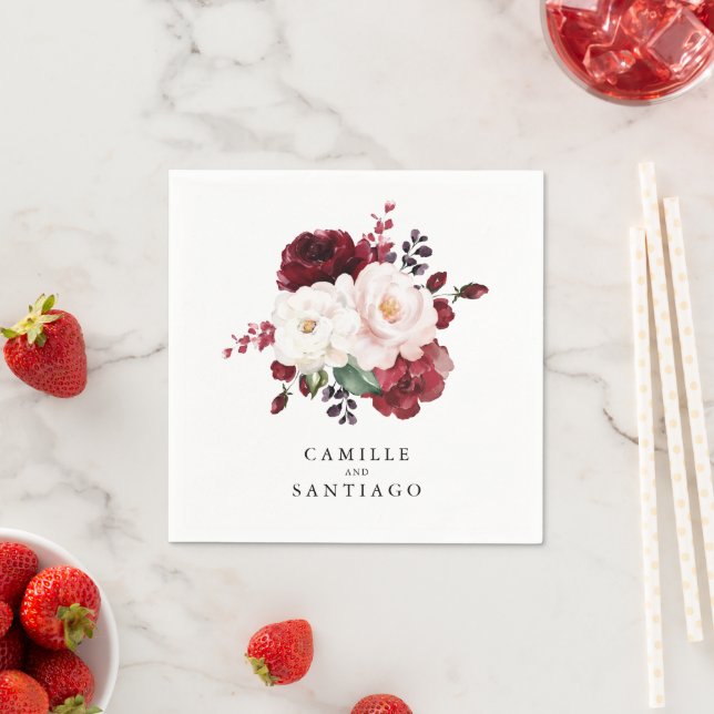 Burgundy and Blush Pink Floral Wedding Paper Napkin (Insitu)