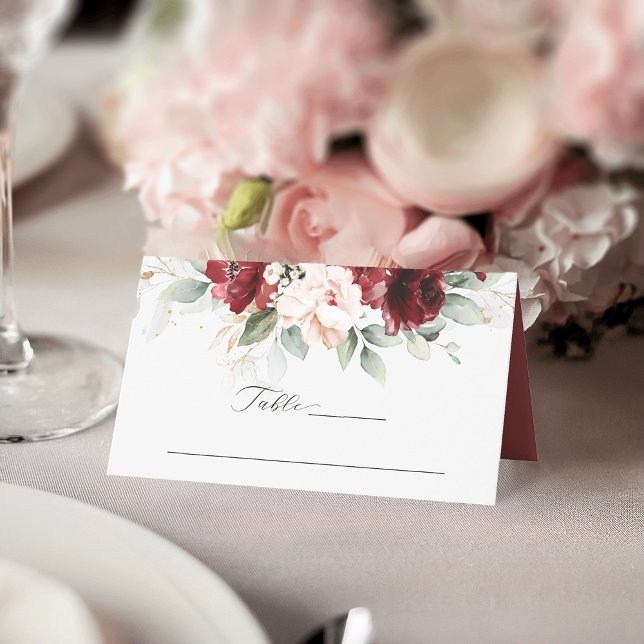 Burgundy and Blush Pink Floral Wedding Place Card (Creator Uploaded)