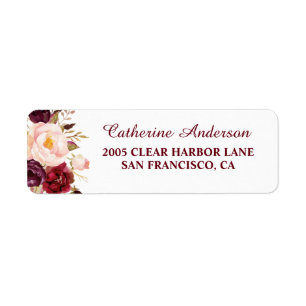 Burgundy and Blush Pink Floral Wedding Return Address Label