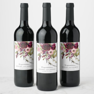 Burgundy and Blush Pink Floral Wedding Wine Label