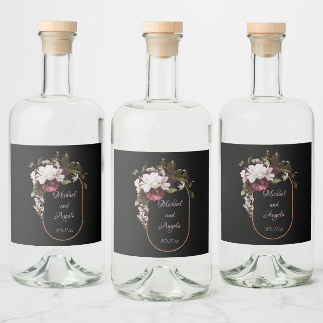 Burgundy and Blush Pink Florals on Black Liquor Bottle Label (Bottles)