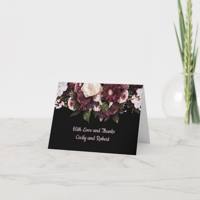 Burgundy and Blush Pink Florals on Black Thank You Card (Front)