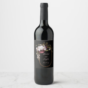 Burgundy and Blush Pink Florals on Black  Wine Label