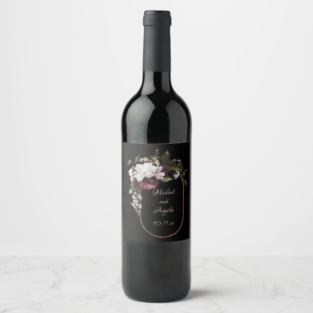 Burgundy and Blush Pink Florals on Black  Wine Label (Front)