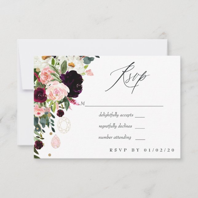 Burgundy and Blush Pink Geometric Gem Wedding RSVP Card (Front)