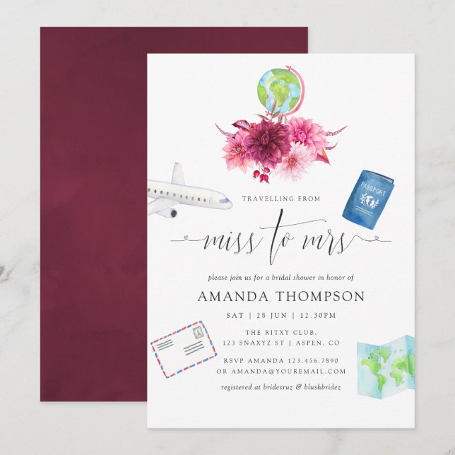 Burgundy and Blush Pink Miss To Mrs Bridal Shower Invitation (Front/Back)