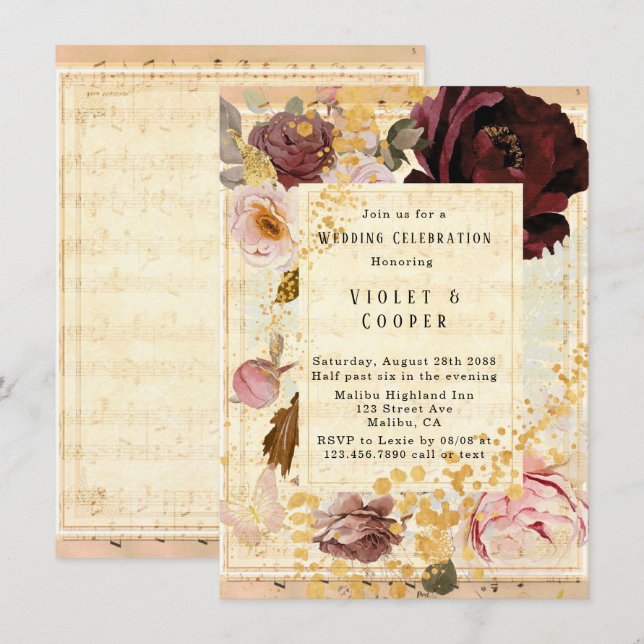 Burgundy and Blush Pink Musical Floral Wedding Invitation (Front/Back)