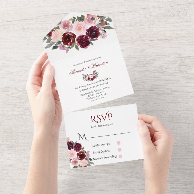 Burgundy and Blush Pink Painted Peony Wedding All  All In One Invitation (Tearaway)